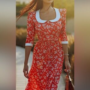 Floral Red Dress with White Accents